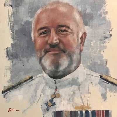 Portrait of Commander British Forces (CBF) Cdre Steve Dainton, GOG Frontline Worker Portraits Initiative. Oils on 40x50cm board. SOLD